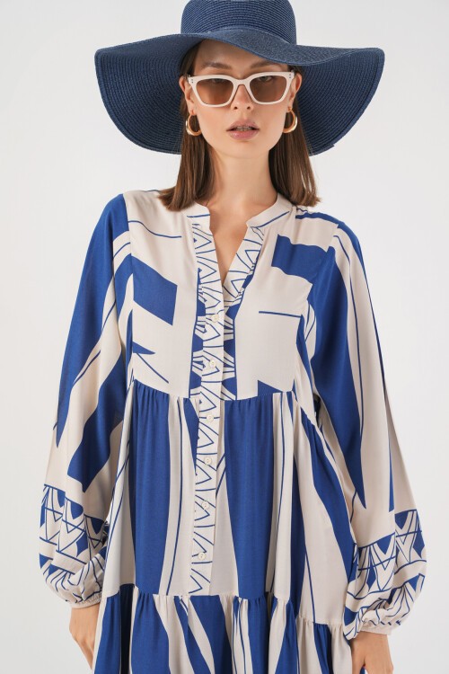 Kadın Desenli Uzun Tesettür Elbise 2585 - C. İndigo