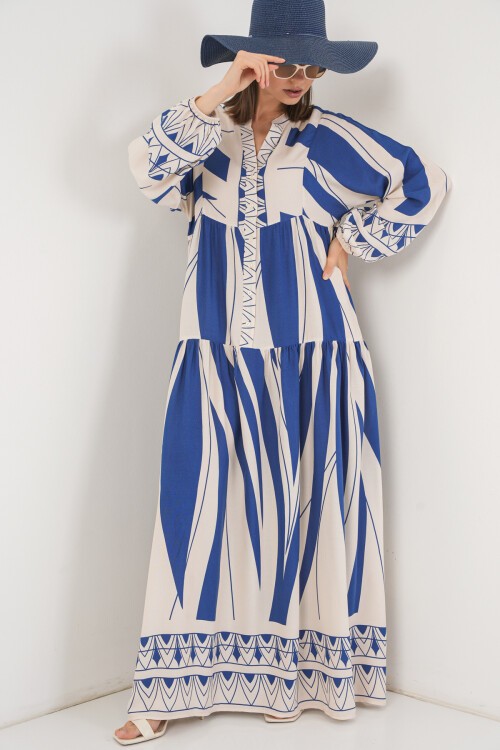 Kadın Desenli Uzun Tesettür Elbise 2585 - C. İndigo