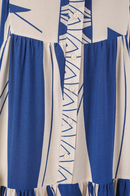 Kadın Desenli Uzun Tesettür Elbise 2585 - C. İndigo