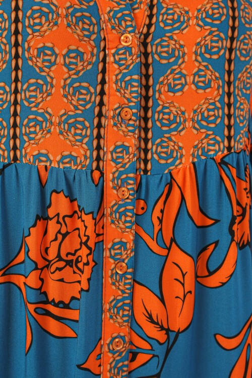 Kadın Desenli Uzun Tesettür Elbise 2585 - C. Turuncu