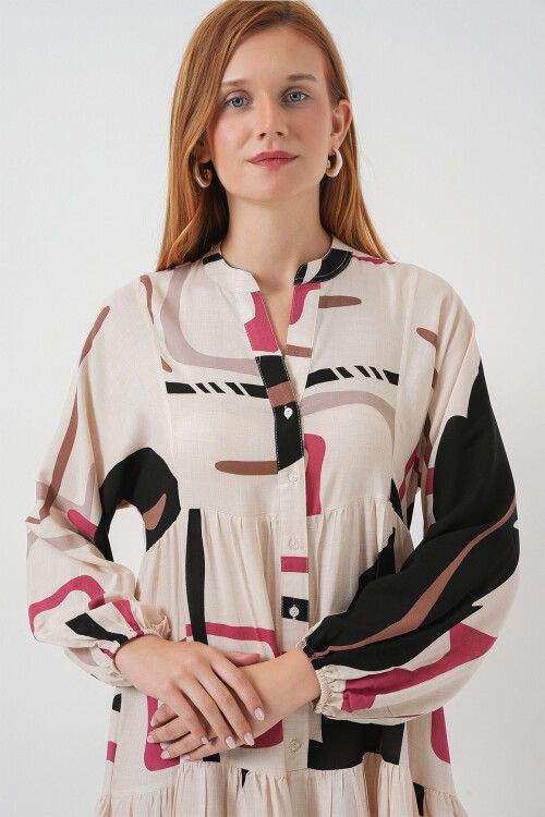 Kadın Desenli Uzun Tesettür Elbise 2585 - C.Krem