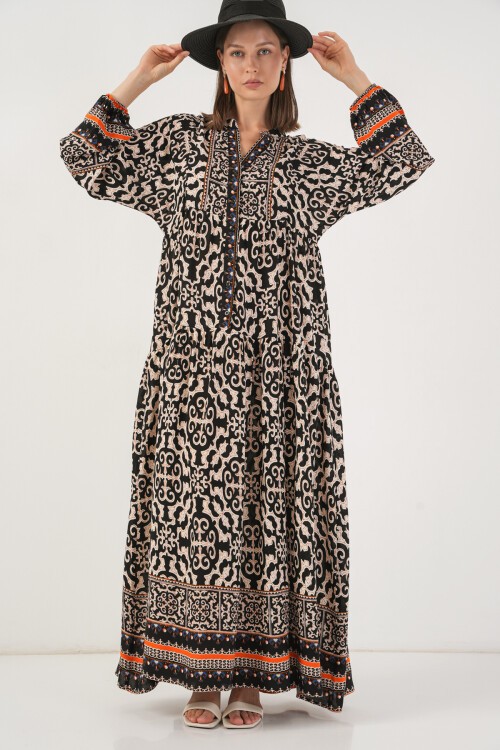 Kadın Desenli Uzun Tesettür Elbise 2585 - C.Siyah