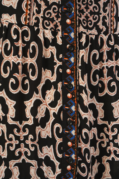 Kadın Desenli Uzun Tesettür Elbise 2585 - C.Siyah