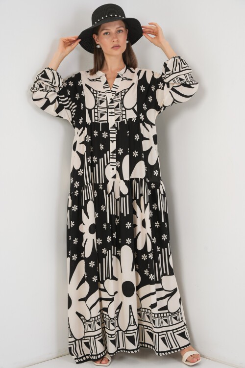 Kadın Desenli Uzun Tesettür Elbise 2585 - D. Siyah