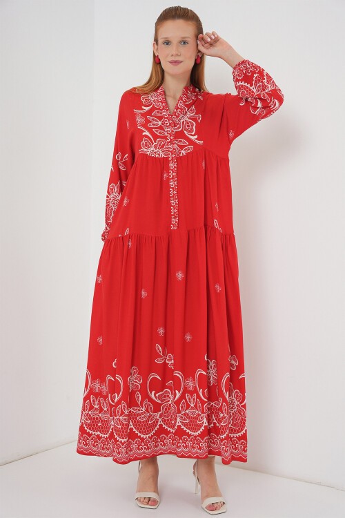 Kadın Desenli Uzun Tesettür Elbise 2585 - D.Kırmızı