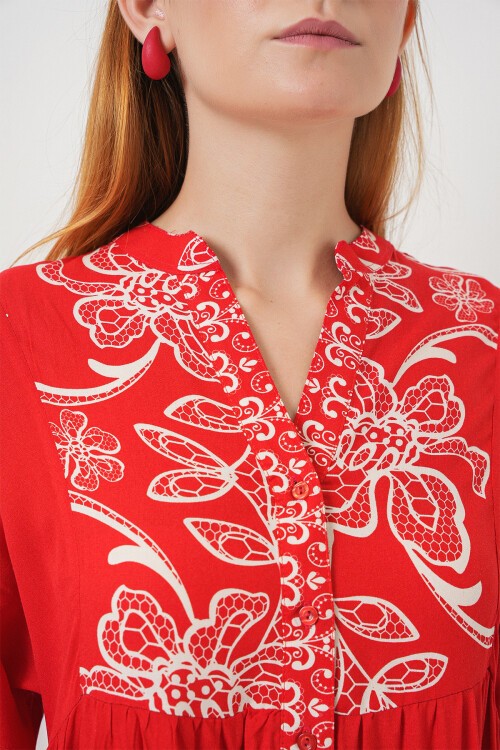 Kadın Desenli Uzun Tesettür Elbise 2585 - D.Kırmızı