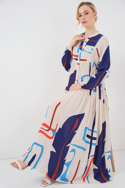 Kadın Desenli Uzun Tesettür Elbise 2585 - D.Krem