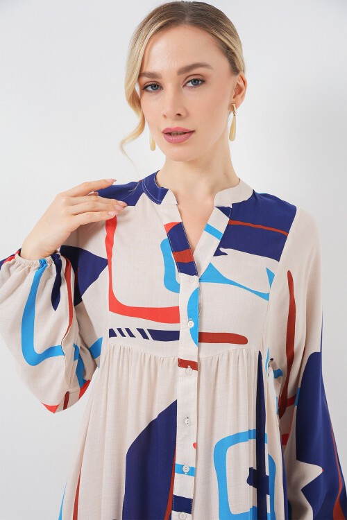 Kadın Desenli Uzun Tesettür Elbise 2585 - D.Krem