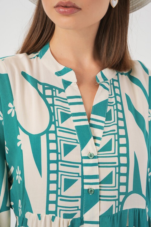 Kadın Desenli Uzun Tesettür Elbise 2585 - E.Mint