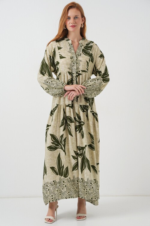Kadın Desenli Uzun Tesettür Elbise 2585 - E.Yeşil