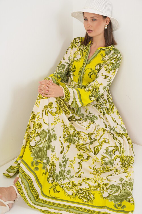 Kadın Desenli Uzun Tesettür Elbise 2585 - E.Yeşil