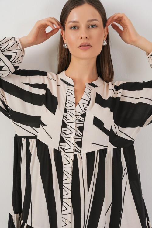 Kadın Desenli Uzun Tesettür Elbise 2585 - F. Siyah