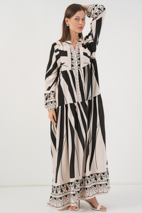 Kadın Desenli Uzun Tesettür Elbise 2585 - F. Siyah