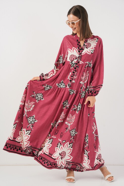 Kadın Desenli Uzun Tesettür Elbise 2585 - Gül Kurusu