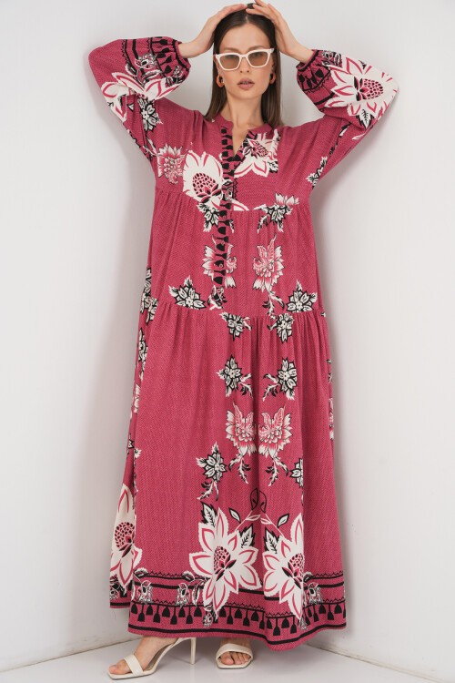 Kadın Desenli Uzun Tesettür Elbise 2585 - Gül Kurusu