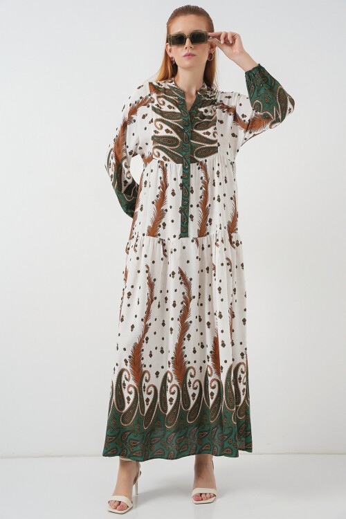 Kadın Desenli Uzun Tesettür Elbise 2585 - Hardal