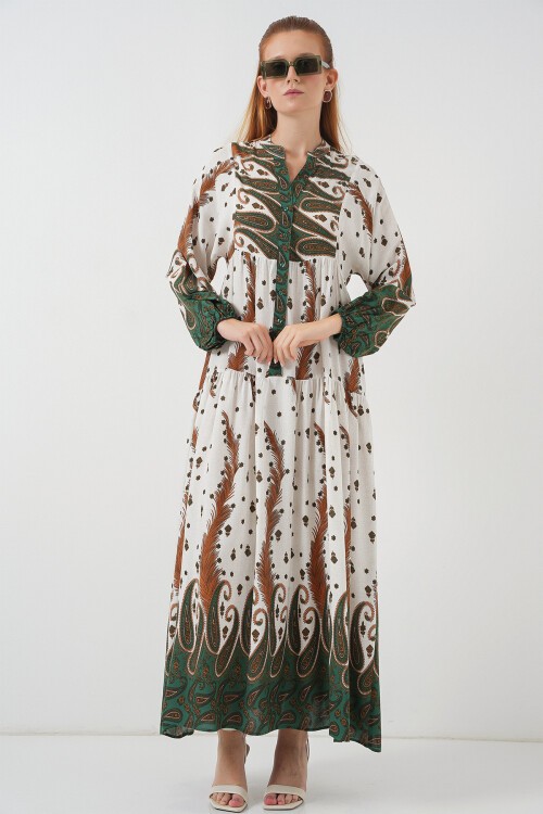 Kadın Desenli Uzun Tesettür Elbise 2585 - Hardal