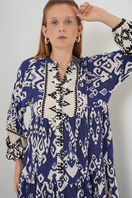 Kadın Desenli Uzun Tesettür Elbise 2585 - İndigo