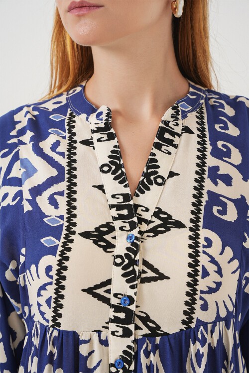 Kadın Desenli Uzun Tesettür Elbise 2585 - İndigo