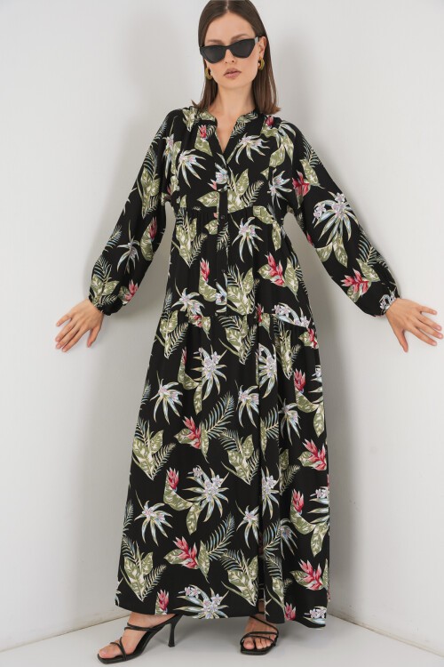 Kadın Desenli Uzun Tesettür Elbise 2585 - K. Siyah