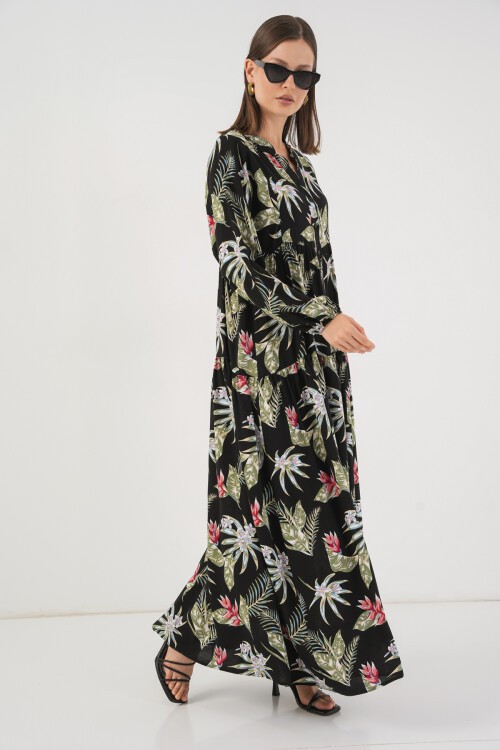 Kadın Desenli Uzun Tesettür Elbise 2585 - K. Siyah