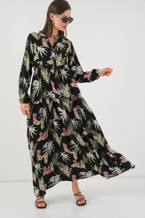 Kadın Desenli Uzun Tesettür Elbise 2585 - K. Siyah