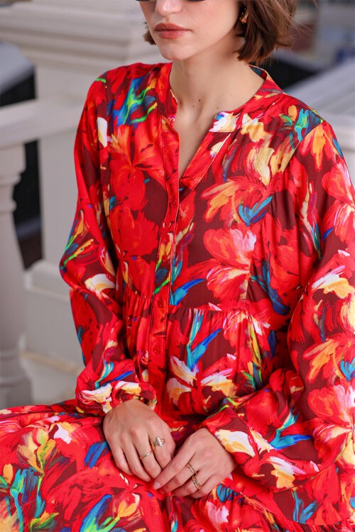 Kadın Desenli Uzun Tesettür Elbise 2585 - Kırmızı