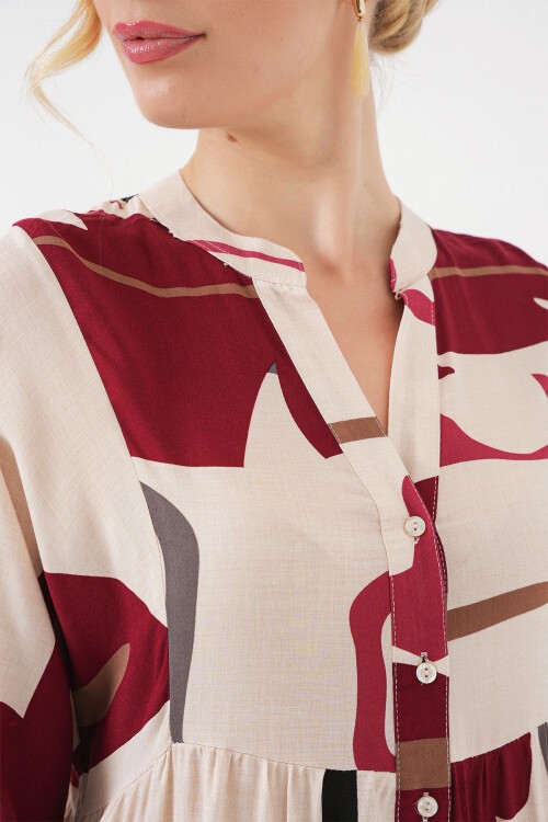 Kadın Desenli Uzun Tesettür Elbise 2585 - M. Krem