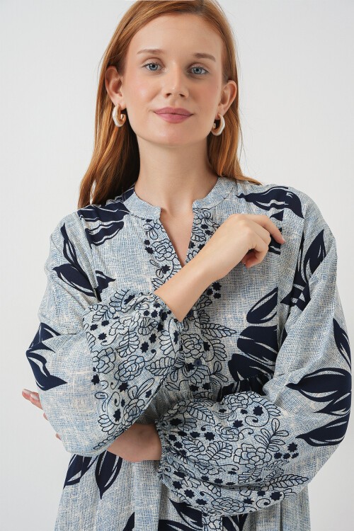 Kadın Desenli Uzun Tesettür Elbise 2585 - Mavi - Lacivert