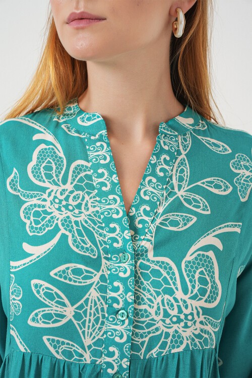 Kadın Desenli Uzun Tesettür Elbise 2585 - Mint