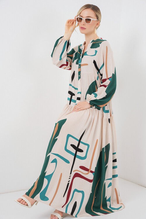 Kadın Desenli Uzun Tesettür Elbise 2585 - Siyah - Krem