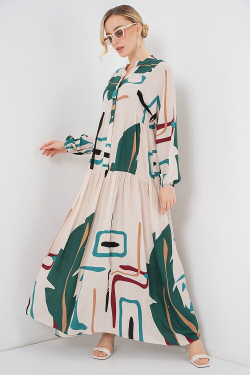 Kadın Desenli Uzun Tesettür Elbise 2585 - Siyah - Krem