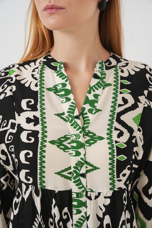 Kadın Desenli Uzun Tesettür Elbise 2585 - Siyah - Yeşil