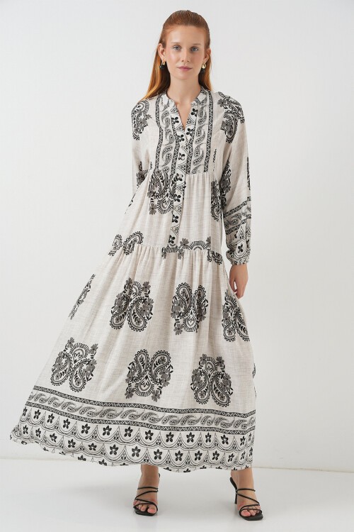 Kadın Desenli Uzun Tesettür Elbise 2585 - Taş