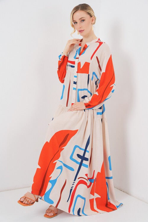 Kadın Desenli Uzun Tesettür Elbise 2585 - Turuncu