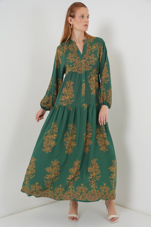 Kadın Desenli Uzun Tesettür Elbise 2585 - Y.Zümrüt