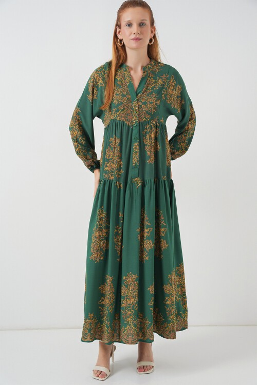 Kadın Desenli Uzun Tesettür Elbise 2585 - Y.Zümrüt