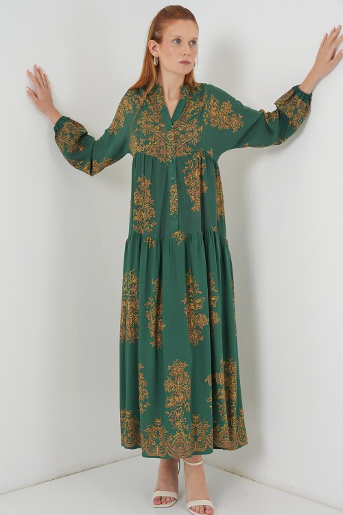 Kadın Desenli Uzun Tesettür Elbise 2585 - Y.Zümrüt