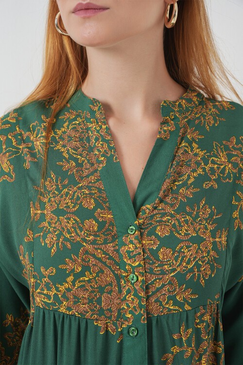 Kadın Desenli Uzun Tesettür Elbise 2585 - Y.Zümrüt