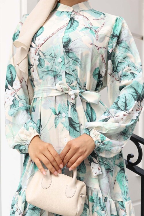 Kadın Desenli Uzun Tesettür Elbise 2586 - A.Yeşil