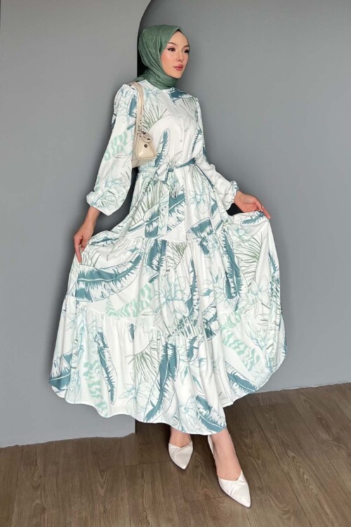 Kadın Desenli Uzun Tesettür Elbise 2586 - Çağla