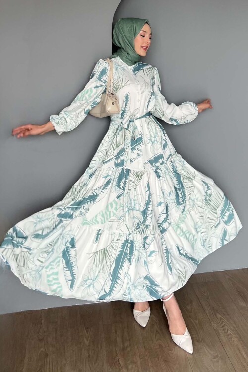 Kadın Desenli Uzun Tesettür Elbise 2586 - Çağla