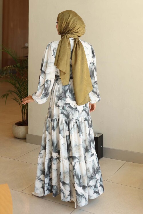 Kadın Desenli Uzun Tesettür Elbise 2586 - Haki