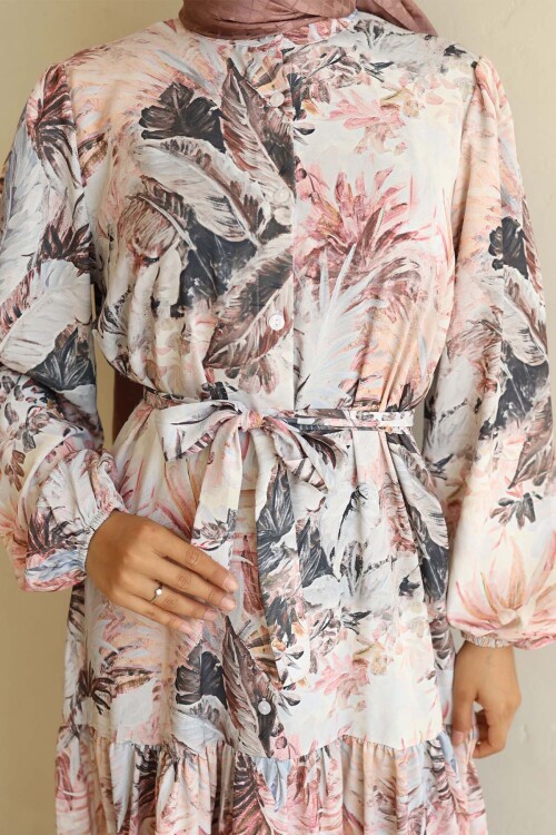 Kadın Desenli Uzun Tesettür Elbise 2586 - Kahverengi