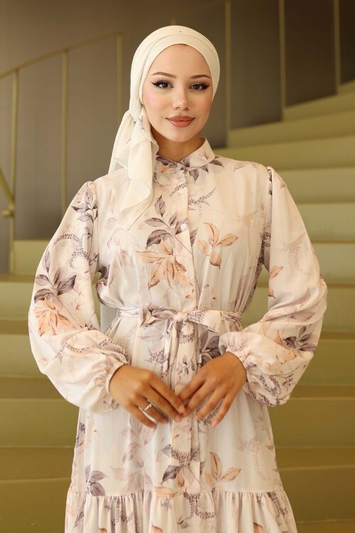 Kadın Desenli Uzun Tesettür Elbise 2586 - Krem