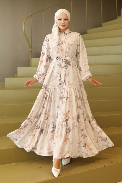 Kadın Desenli Uzun Tesettür Elbise 2586 - Krem