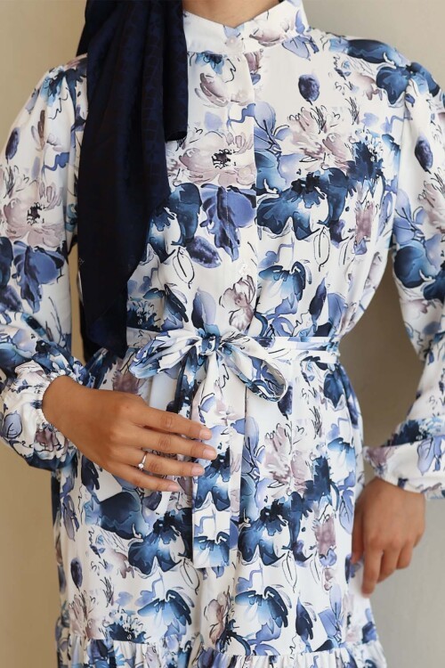 Kadın Desenli Uzun Tesettür Elbise 2586 - Lacivert