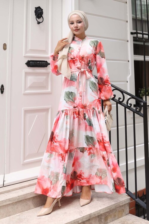 Kadın Desenli Uzun Tesettür Elbise 2586 - Nar