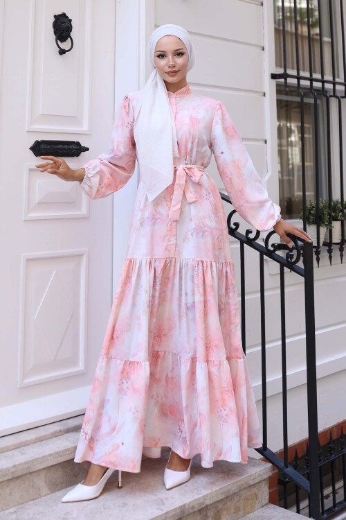 Kadın Desenli Uzun Tesettür Elbise 2586 - Pudra