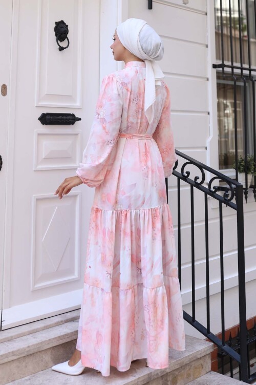 Kadın Desenli Uzun Tesettür Elbise 2586 - Pudra